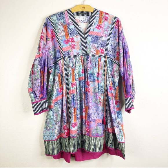J Pret Boho Babydoll Blouse Tassels Women Small Mixed Media Floral Stripe V Neck - Picture 1 of 6